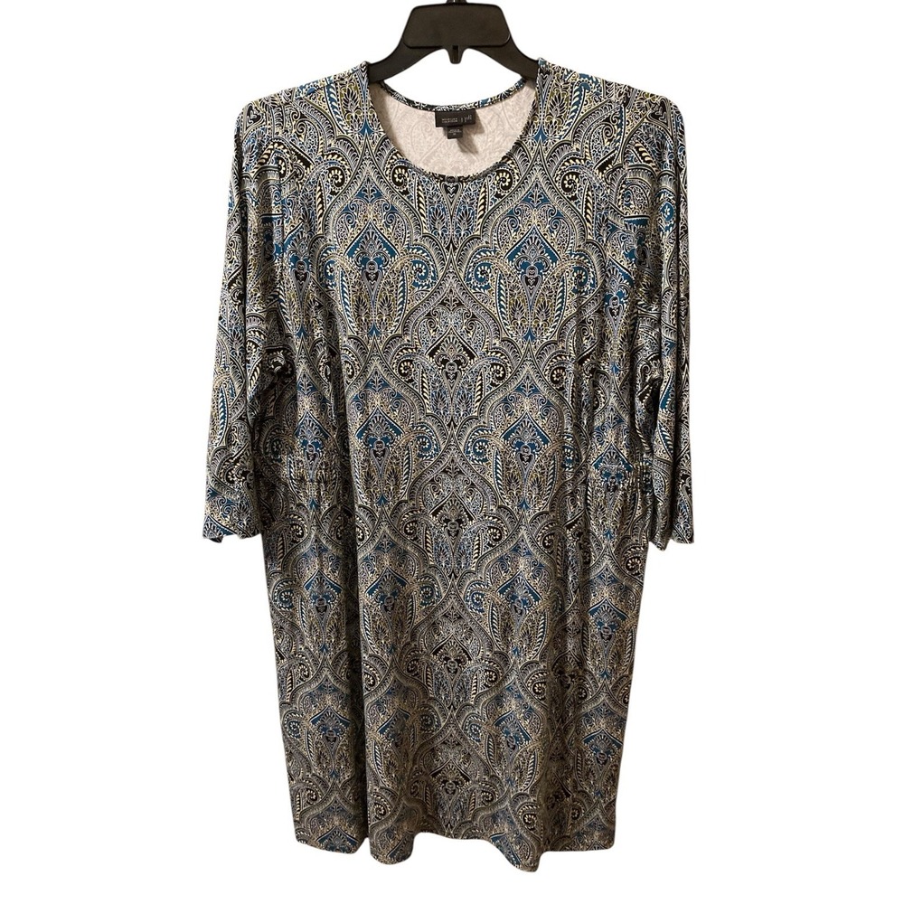 J Jill Wearever Collection Dress 3/4 Sleeve Knit XL‎ Paisley Black Blue Comfort